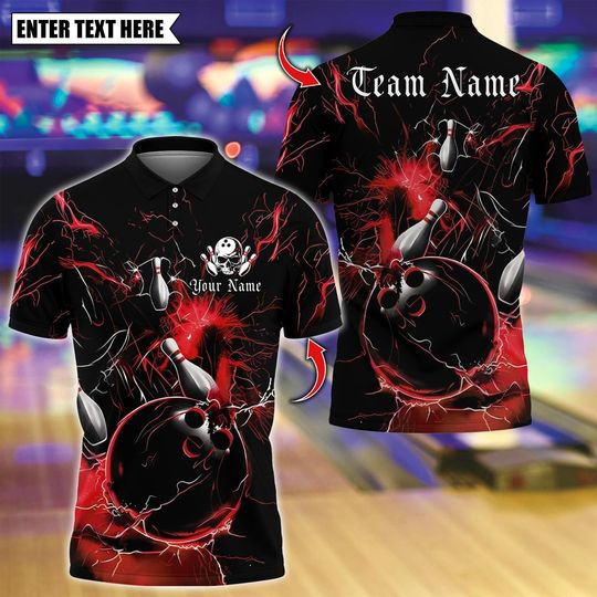 Discover Personalized Bowling Polo Shirt, Thunder Bowling Design, Custom Bowling Polo for Men Women, Personalized Name Team 3D Shirt
