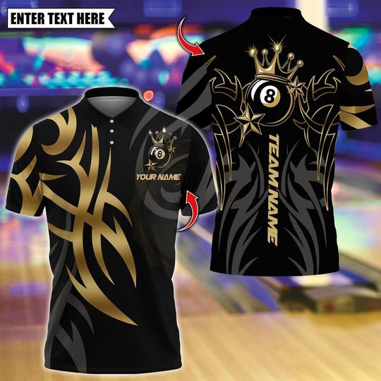 Discover Personalized Name Billiards Polo Shirt, Billiard Golden Cue Master 8-Ball Design, Custom Team Shirt for Men, Gift for Billiards Players