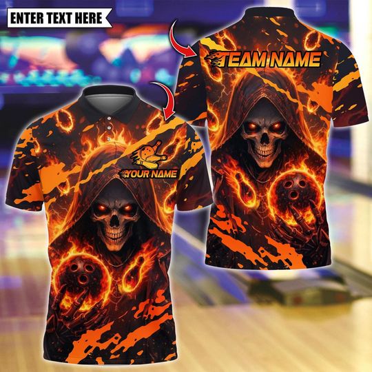 Discover Personalized Bowling Polo Shirt, Flaming Reaper Bowling Design, Custom Bowling Polo for Men Women, Personalized Name Team 3D Shirt