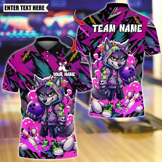 Discover Personalized Bowling Polo Shirt, Graffiti Streetwear Wolf Bowling Design, Custom Bowling Polo for Men Women, Personalized Name Team 3D Shirt