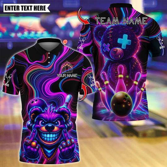 Discover Personalized Bowling Polo Shirt, Crazy Neon Bear Bowling Strike Design, Custom Bowling Polo for Men Women, Personalized Name Team 3D Shirt