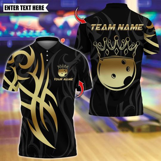 Discover Personalized Bowling Polo Shirt, Bowling Crown Golden Bowling Design, Custom Bowling Polo for Men Women, Personalized Name Team 3D Shirt