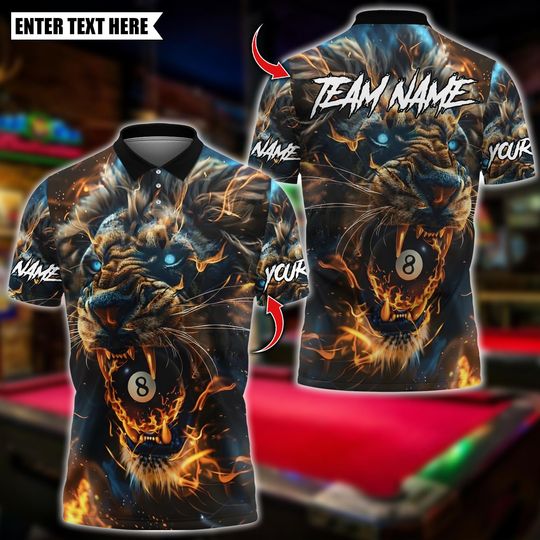 Discover Personalized Name Billiards Polo Shirt, 8-Ball Lion Fire Glow Design, Custom Team Shirt for Men, Gift for Billiards Players