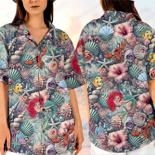 Discover Disney 2025 Summer New Hawaiian Shirts 3D Print The Little Mermaid Short Sleeve Shirt Hip Hop Men And Women Button Shirts