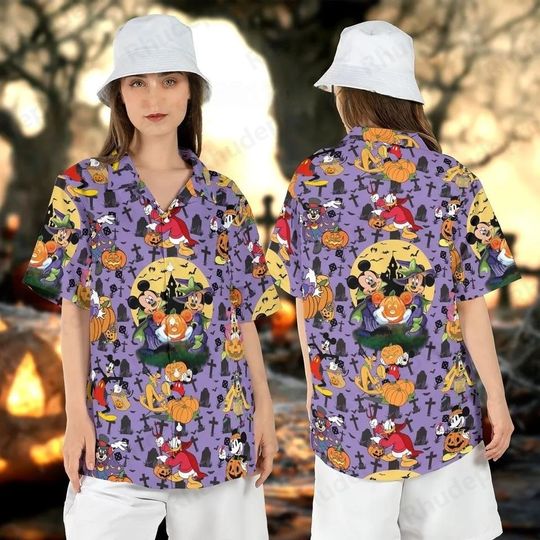 Discover Disney 2025 Disneyland Halloween Button Shirt  Fashion Short Sleeve Shirts Men Women Kids Casual Beach Shirts Hawaiian Shirts
