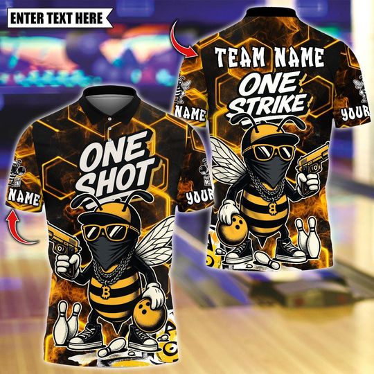 Discover Personalized Bowling Polo Shirt, One Shot HipHop Bee Bowling Design, Custom Bowling Polo for Men Women, Personalized Name Team 3D Shirt