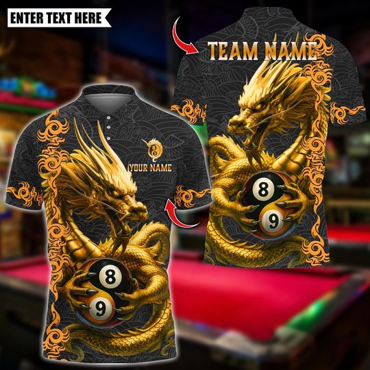 Discover Personalized Name Billiards Polo Shirt,8 Ball 9 Ball Golden Dragon Yin And Yang Design, Custom Team Shirt for Men,Gift for Billiards Players
