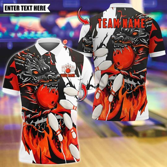 Discover Personalized Bowling Polo Shirt, Dragon Flame Bowling Design, Custom Bowling Polo for Men Women, Personalized Name Team 3D Shirt