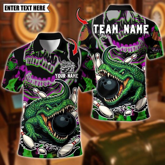 Discover Personalized Bowling Polo Shirt, Crocodile Hunting Bowling Design, Custom Bowling Polo for Men Women, Personalized Name Team 3D Shirt