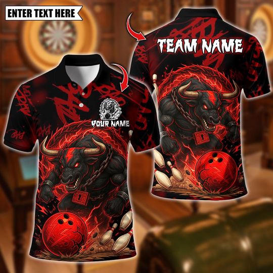 Discover Personalized Bowling Polo Shirt, Fire Muscle Bull With Bowling Design, Custom Bowling Polo for Men Women, Personalized Name Team 3D Shirt