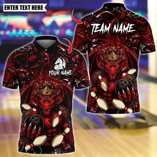 Discover Personalized Bowling Polo Shirt, Dragon King With Bowling Design, Custom Bowling Polo for Men Women, Personalized Name Team 3D Shirt