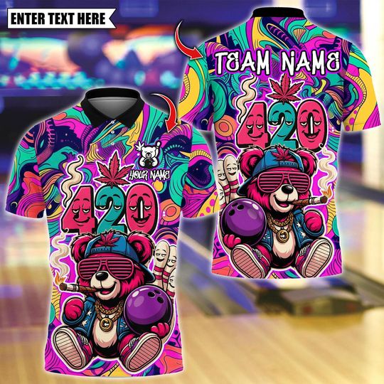 Discover Personalized Bowling Polo Shirt, 420 Hiphop Bear Smoke With Bowling Design,Custom Bowling Polo for Men Women,Personalized Name Team 3D Shirt