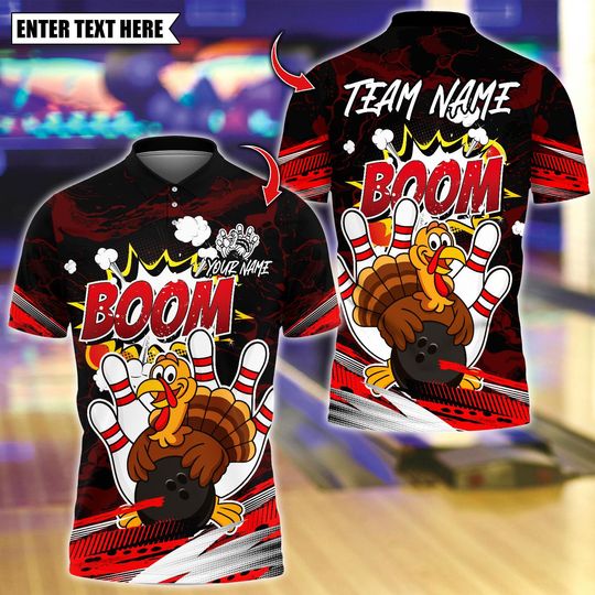 Discover Personalized Bowling Polo Shirt, Turkey Cartoon Bowling Boom Design, Custom Bowling Polo for Men Women, Personalized Name Team 3D Shirt