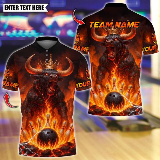 Discover Custom Bowling Polo Shirt, Flame King Bull Bowling Design, Personalized Bowling Polo for Men Women, Personalized Name Team 3D Shirt