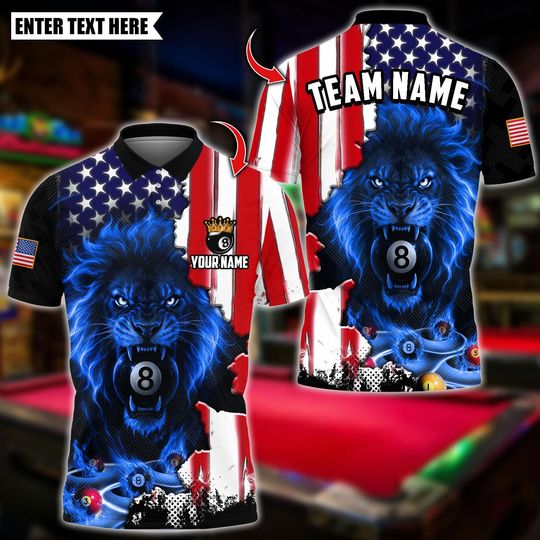 Discover Personalized Name Billiards Polo Shirt, US Flag Lion With 8 Ball Pool Design, Custom Team Shirt for Men, Gift for Billiards Players