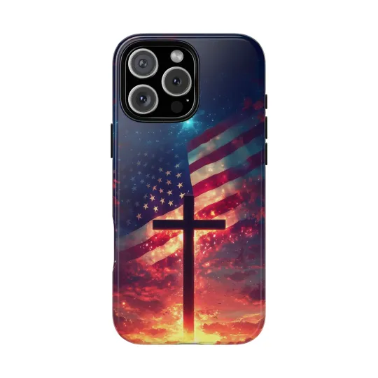 Discover Phone Ink Christian Cross USA Flag Phone Case for iPhone