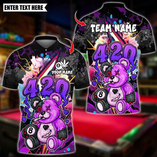 Discover Personalized Name Billiards Polo Shirt, 420 Teddy Bear With Ball 8 Design, Custom Team Shirt for Men, Gift for Billiards Players