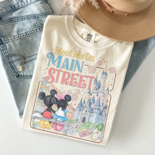 Discover Retro Mickey Minnie Meet Me On Main Street Shirt, Main Street Park Shirt, Disneyworld Trip Shirt