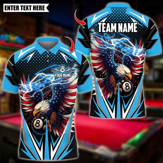 Discover Personalized Name Billiards Polo Shirt, Billiard Ball 8 Eagle USA Flag Multicolor Design, Custom Shirt for Men, Gift for Billiards Players