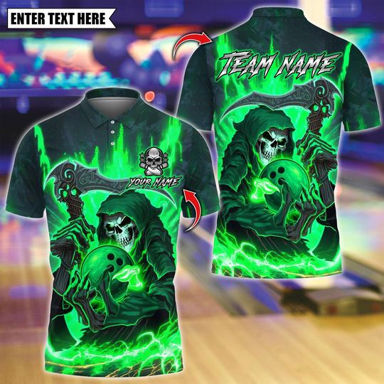 Discover Custom Bowling Polo Shirt, Flame Grim Reaper With Bowling Design, Personalized Bowling Polo for Men Women, Personalized Name Team 3D Shirt