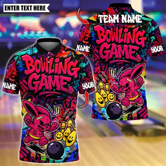 Discover Personalized Bowling Polo Shirt, Bowling Graffiti Colorful Bunny Design, Custom Bowling Polo for Men Women, Personalized Name Team 3D Shirt