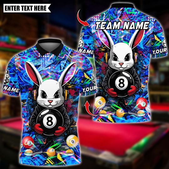 Discover Personalized Name Billiards Polo Shirt, Cool Bunny With 8 Ball Pool Design, Custom Team Shirt for Men, Gift for Billiards Players