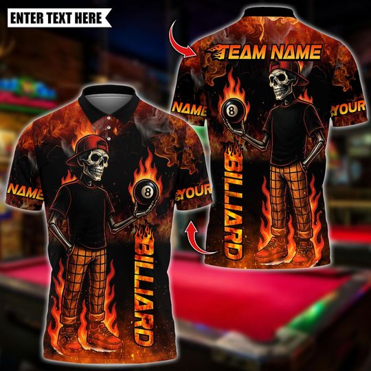 Discover Personalized Name Billiards Polo Shirt, Funny Skeleton Fire Flame 8 Ball Pool Design, Custom Team Shirt for Men, Gift for Billiards Players