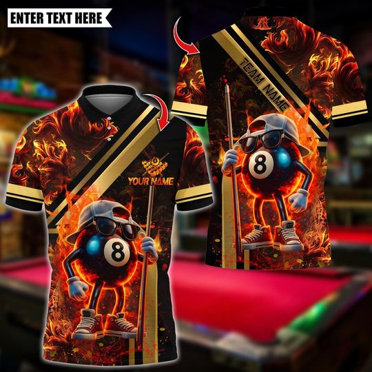 Discover Personalized Name Billiards Polo Shirt, Cool 8 Ball Cartoon Fire Flames Golden Line Design, Custom Shirt for Men, Gift for Billiards Players