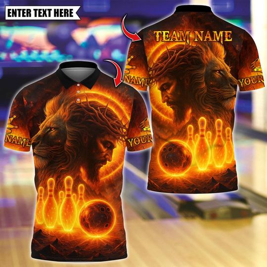 Discover Personalized Bowling Polo Shirt, Flame The Lion OF Judah With Bowling Design, Custom Bowling Polo for Men, Personalized Name Team 3D Shirt