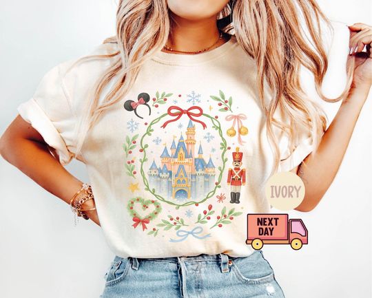 Discover Comfort Colors Retro Coquette Bow Disney Castle Christmas Shirt, Mickey's Very Merry Christmas Party Shirt