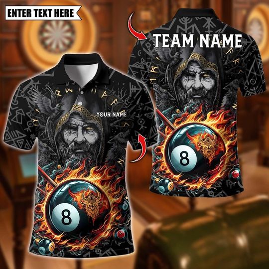 Discover Personalized Name Billiards Polo Shirt, Billiards Viking 8-Ball Pool Design, Custom Team Shirt for Men, Gift for Billiards Players