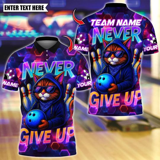 Discover Personalized Bowling Polo Shirt, Never Give Up Cool Cat With Bowling Design, Custom Bowling Polo for Men, Personalized Name Team 3D Shirt