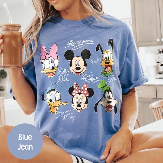 Discover Retro Mickey and Friends Signatures Shirt, Magical Disney Characters Tee, Disney Mouse Head Tee