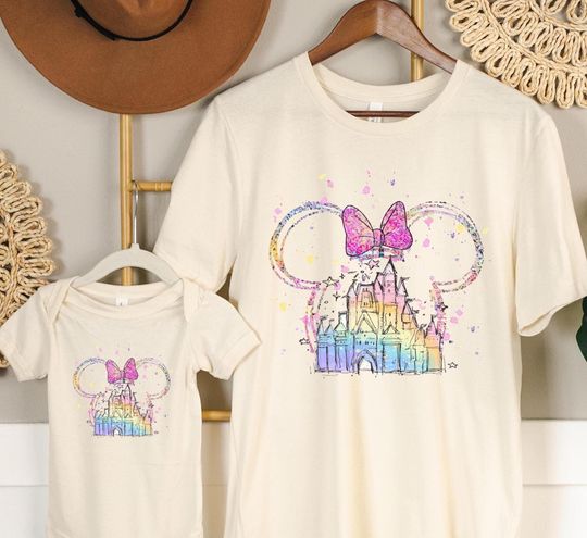 Discover Disney Watercolor Shirt, Minnie Ears and Princess Castle Tshirt, Mama Mini Matching Shirt