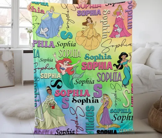 Discover Personalized Watercolor Disney Princess Fleece Blanket, Custom Name Baby Girl