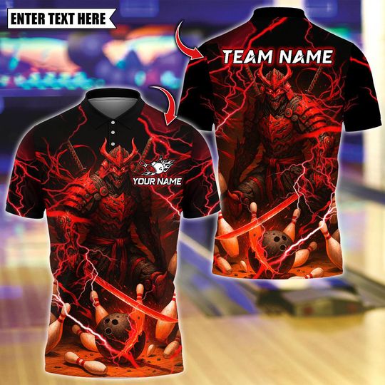 Discover Personalized Bowling Polo Shirt, Oni Samurai Warrior With Bowling Design, Custom Bowling Polo for Men Women, Personalized Name Team 3D Shirt