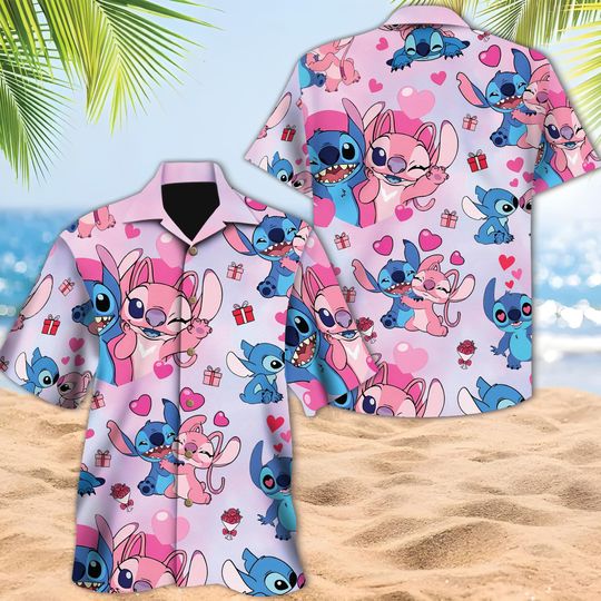 Discover Disney Stitch Angel Valentines Day Hawaiian Shirt, Disney Castle Lover, Disney Lover Gift, Valentine Hawaiian, Disneyland Honeymoon Trip