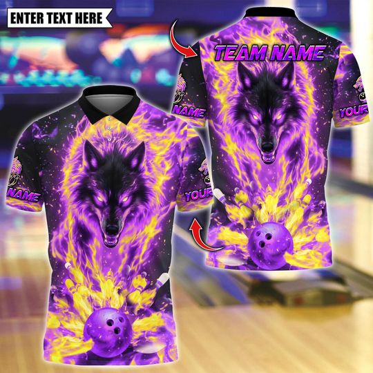 Discover Personalized Bowling Polo Shirt, Flaming Wolf With Bowling Design, Custom Bowling Polo for Men Women, Personalized Name Team 3D Shirt