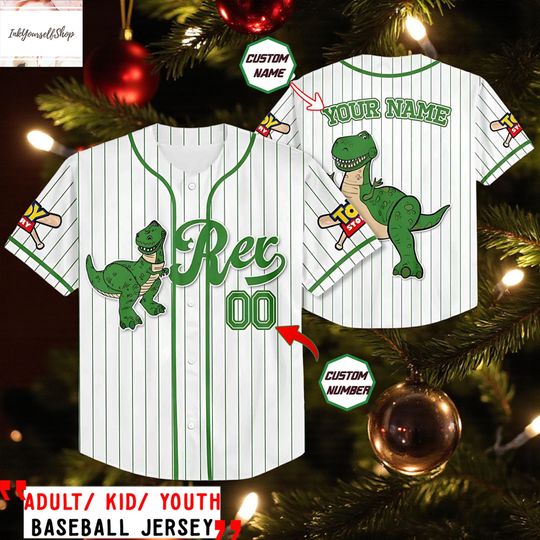 Discover Disney Rex Toy Story Baseball Jersey, Custom Name Number Baseball Shirt, Green White Disney Holiday Jersey for Family,Jersey christmas
