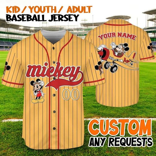 Discover Custom Mickey Mouse Baseball Jersey, Disney Shirt with Name and Number, Matching Disney Trip Outfit, Vintage Yellow Disney Jersey