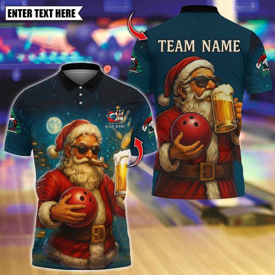 Discover Personalized Bowling Polo Shirt, Santa Bowling Beer Mug Design, Custom Bowling Polo for Men Women, Personalized Name Team 3D Shirt