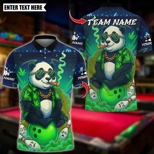 Discover Personalized Bowling Polo Shirt, Bowling Panda 420 Smoking Neon Design, Custom Bowling Polo for Men Women, Personalized Name Team 3D Shirt