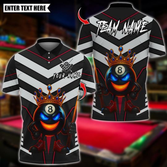 Discover Personalized Name Billiards Polo Shirt, Billiards 8 Ball King Silver Chevron Royal Flame Cue, Custom Team Shirt, Gift for Billiards Players