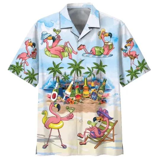Discover Flamingo In The Beach Print Hawaiian Shirt