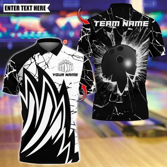 Discover Personalized Bowling Polo Shirt, Black and White Bowling Design, Custom Bowling Polo for Men Women, Personalized Name Team 3D Shirt