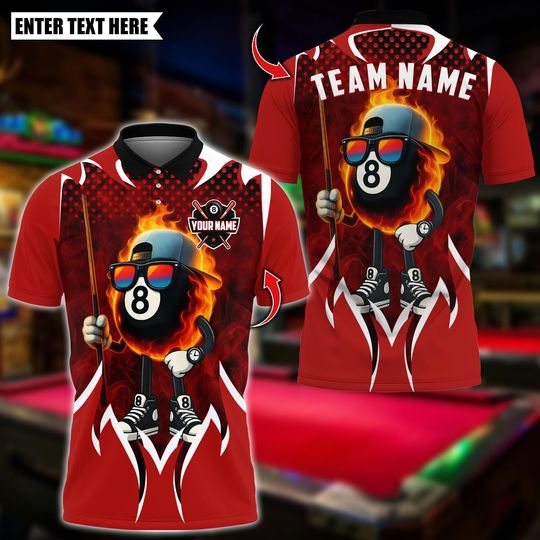 Discover Personalized Name Billiards Polo Shirt, Flaming Cool 8 Ball Design, Custom Team Shirt for Men, Gift for Billiards Players