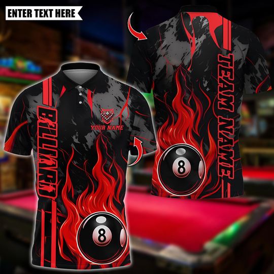 Discover Personalized Name Billiards Polo Shirt, Flame 8 Ball Billiard Design, Custom Team Shirt for Men, Gift for Billiards Players