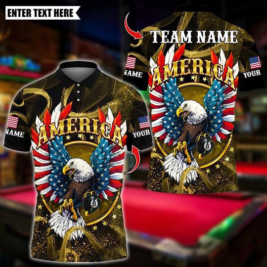 Discover Personalized Name Billiards Polo Shirt, Billiards Ball 8 American Eagle Glory Wings Design, Custom Team Shirt, Gift for Billiards Players