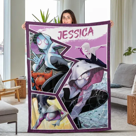 Discover Personalized SpiderGwen Blanket - Custom Name SpiderGwen Fleece Blanket Birthday