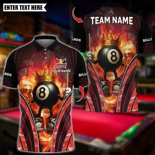 Discover Personalized Name Billiards Polo Shirt, Flaming Crown 8 Ball With Beer Design, Custom Team Shirt for Men, Gift for Billiards Players